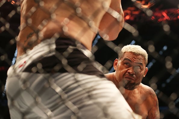  Mark Hunt of New Zealand (R) competes against Antonio 'Bigfoot' Silva of Brazil in their heavyweight bout during the UFC 193 event at Etihad Stadium on November 15, 2015 in Melbourne, Australia. (Photo by Quinn Rooney/Getty Images)