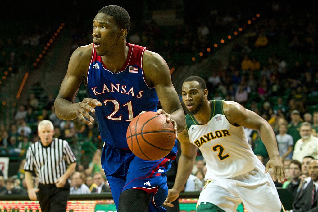 WACO, TX - FEBRUARY 04: Joel Embiid #21 of the Kansas Jayhawks drives to the basket against the Baylor Bears on February 4, 2014 at the Ferrell Center in Waco, Texas. (Photo by Cooper Neill/Getty Images)