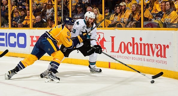 NASHVILLE, TN - MAY 05: Shea Weber #6 of the Nashville Predators defends against Joe Thornton #19 of the San Jose Sharks during the second period of Game Four of the Western Conference Second Round during the 2016 NHL Stanley Cup Playoffs at Bridgestone Arena on May 5, 2016 in Nashville, Tennessee. (Photo by Frederick Breedon/Getty Images)