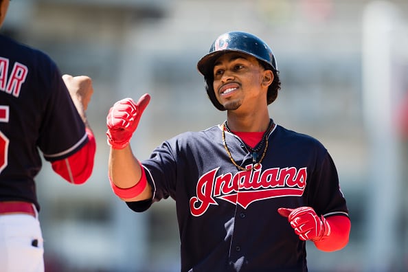 CLEVELAND, OH - AUGUST 21: Francisco Lindor #12 of the Cleveland Indians celebrates after hitting an RBI single during the sixth inning against the Toronto Blue Jays  at Progressive Field on August 21, 2016 in Cleveland, Ohio. (Photo by Jason Miller/Getty Images)