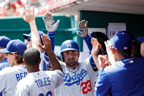 CINCINNATI, OH - AUGUST 22:  Adrian Gonzalez #23 of the Los Angeles Dodgers celebrates in the dugout after hitting a solo home run in the fifth inning against the Cincinnati Reds at Great American Ball Park on August 22, 2016 in Cincinnati, Ohio. (Photo by Joe Robbins/Getty Images)