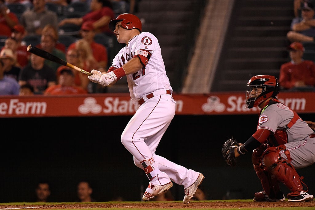 Mike Trout #27 of the Los Angeles Angels of Anaheim hits a double in the eighth inning against the Cincinnati Reds at Angel Stadium of Anaheim on August 30, 2016 in Anaheim, California. (Photo by Lisa Blumenfeld/Getty Images)