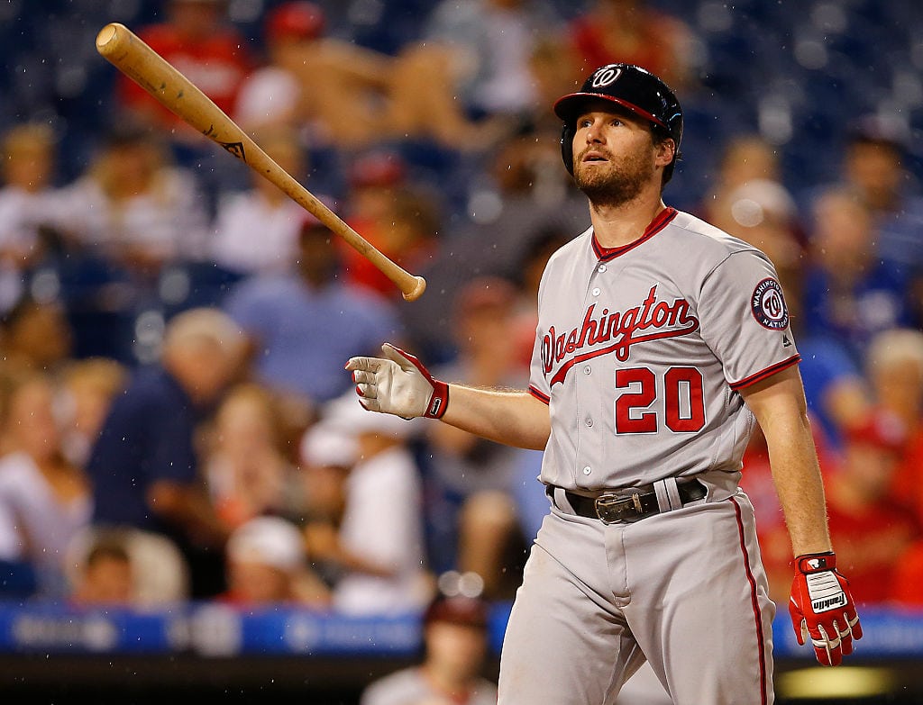 PHILADELPHIA, PA - AUGUST 31: Daniel Murphy #20 of the Washington Nationals flips his bat after a called strike against the Philadelphia Phillies during the seventh inning of a game at Citizens Bank Park on August 31, 2016 in Philadelphia, Pennsylvania. The Nationals defeated the Phillies 2-1. (Photo by Rich Schultz/Getty Images)